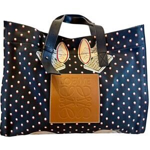 Loewe Paula's Ibiza Close to Paradise Black Polka Dot Canvas Leather Tote Bag